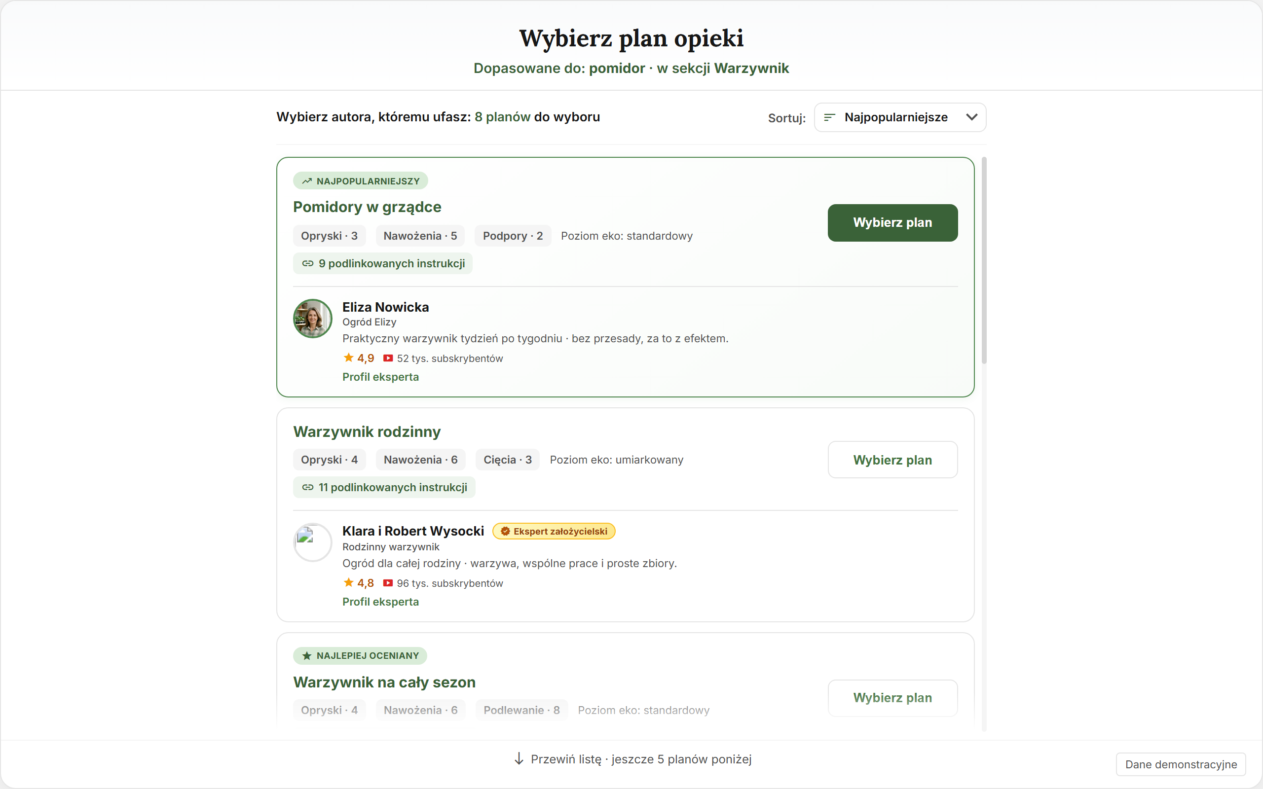 Dialog wyboru planu opieki przy roślinie — mock marketingowy (dane demonstracyjne)